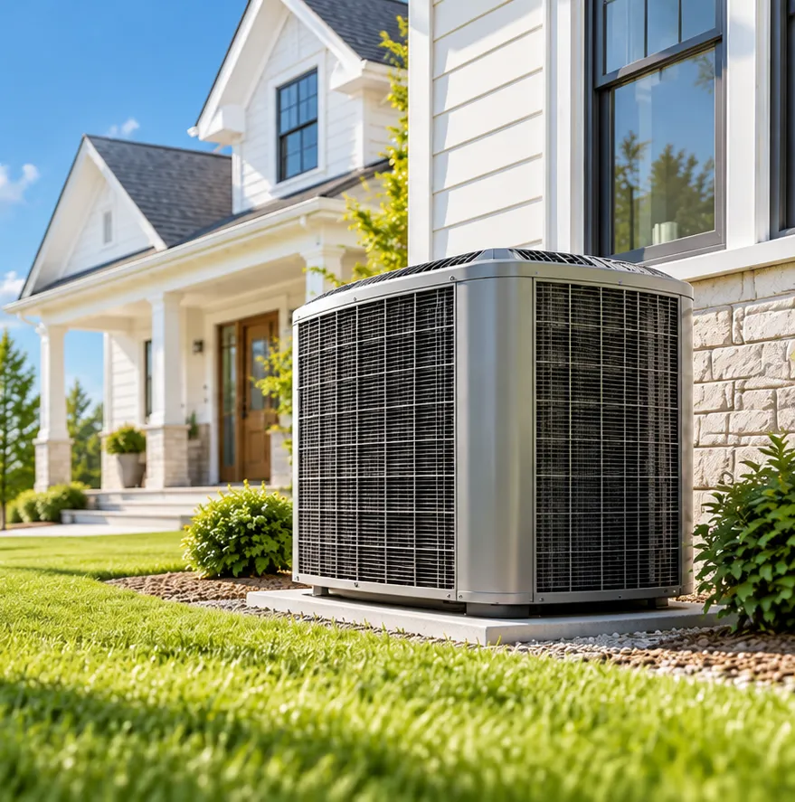 Outdoor air conditioning condenser installed on a concrete pad beside a white suburban home