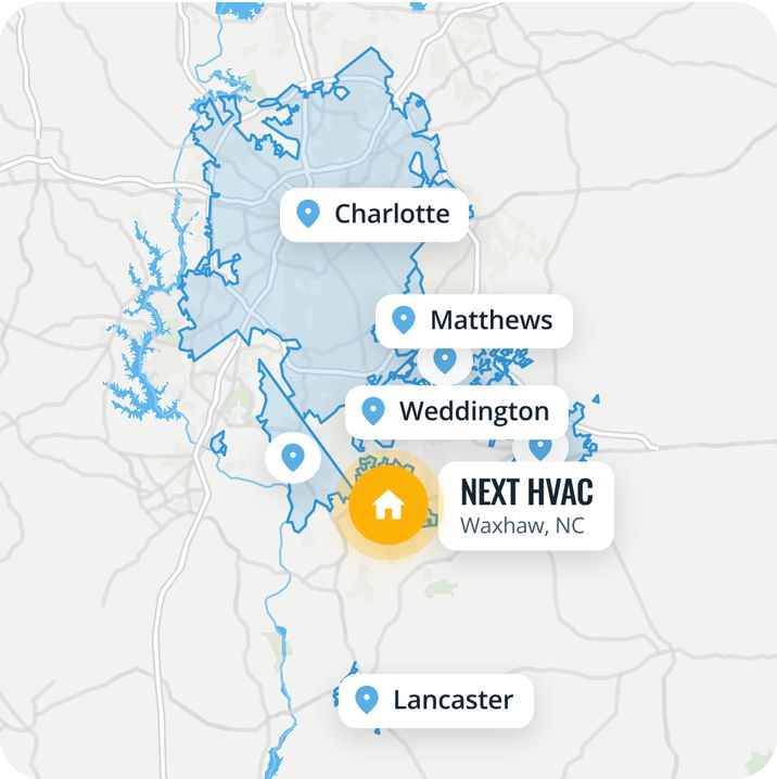 Map of the Next HVAC service area around Waxhaw, NC, covering Waxhaw, Charlotte, Weddington, Indian Trail, Matthews, Indian Land, Monroe, Lancaster