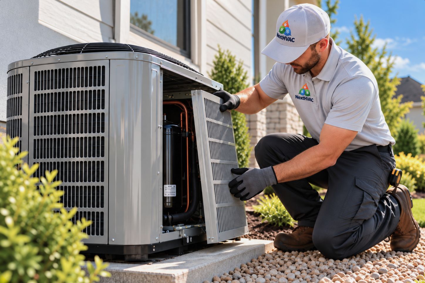 NextHVAC technician servicing an outdoor air conditioning unit